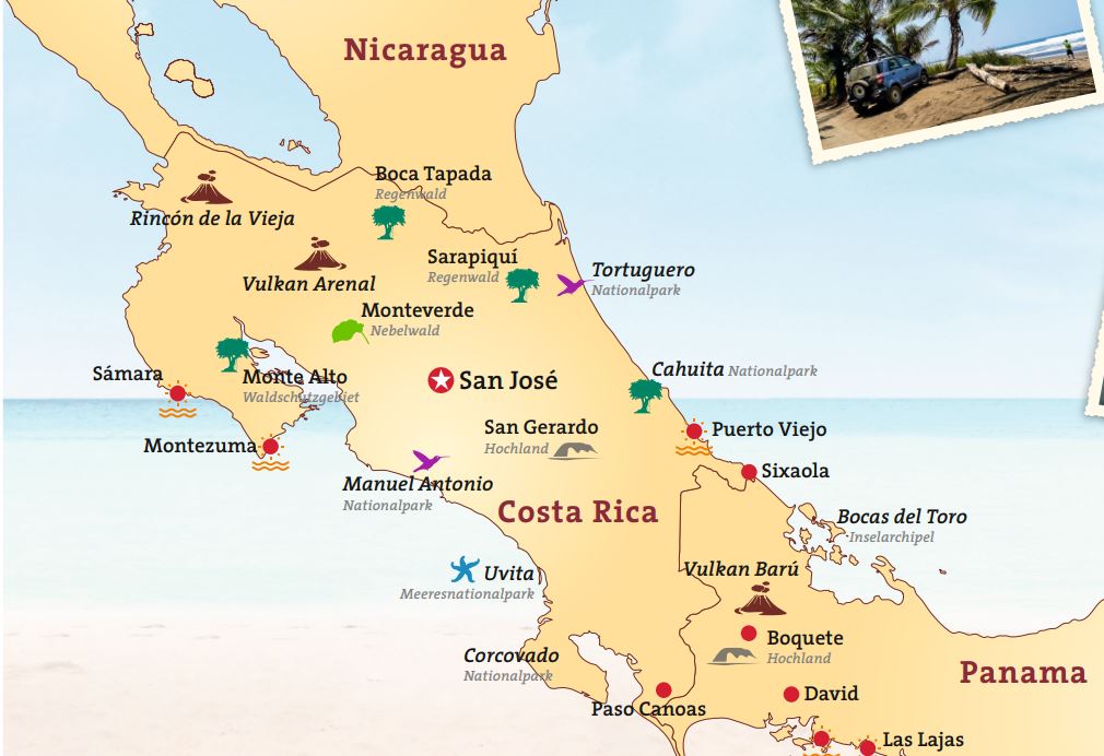 Karte Costa Rica mit Highlights