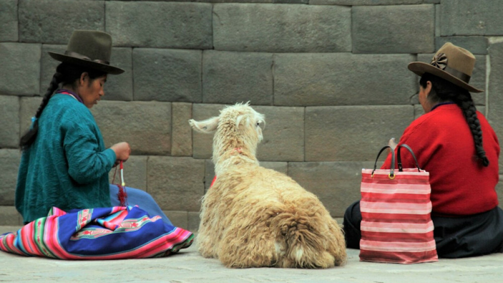 Zwei Frauen in peruanischer Tracht sitzen in einer Gasse in Cusco mit ihrem Lama ()